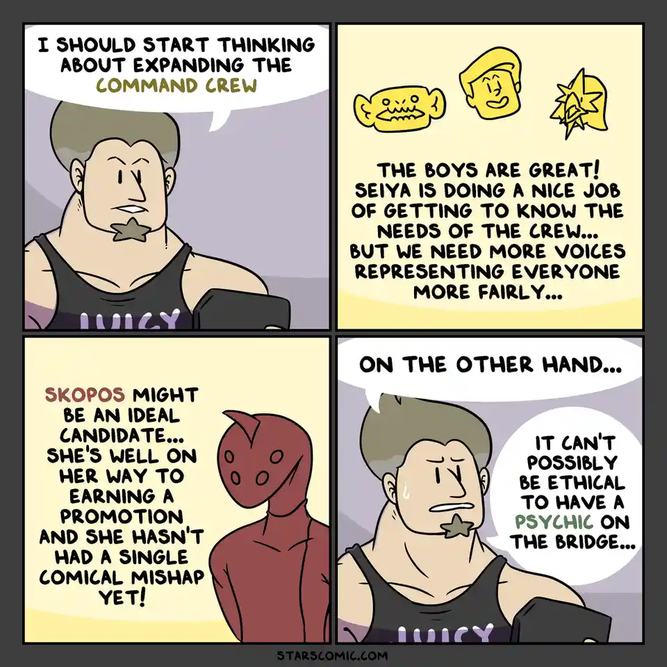 A four-panel comic shows a man in a tank top thinking about expanding his command crew. He considers three yellow cartoon…