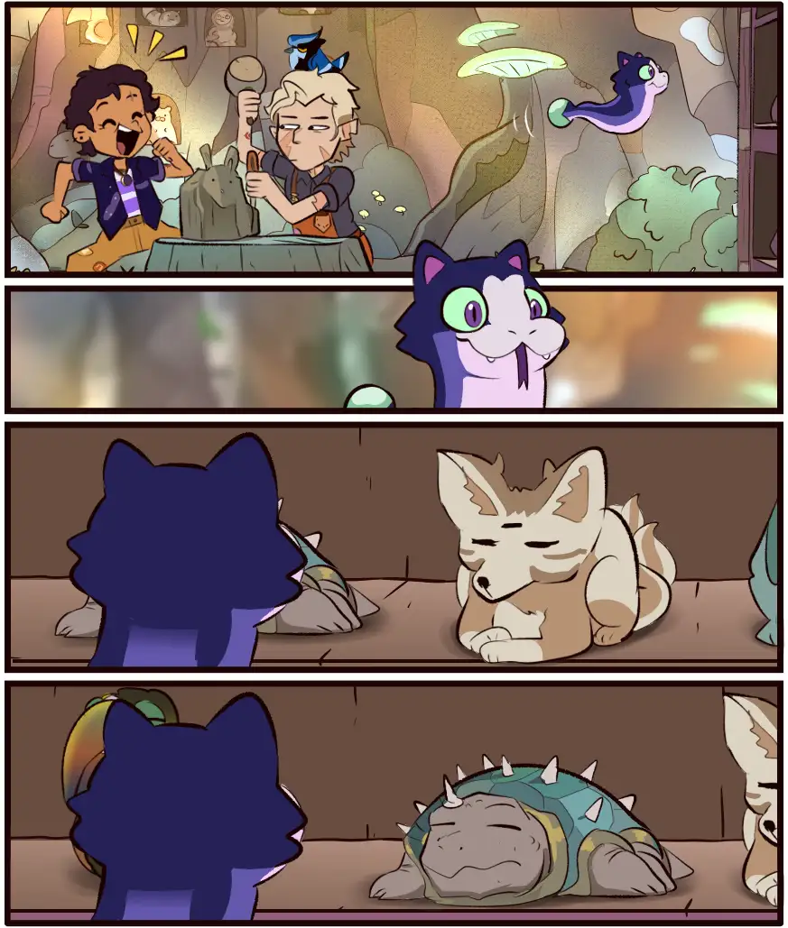 A four-panel comic strip from 'The Owl House' shows a blue cat-like creature observing a fox-like creature and a turtle-like…