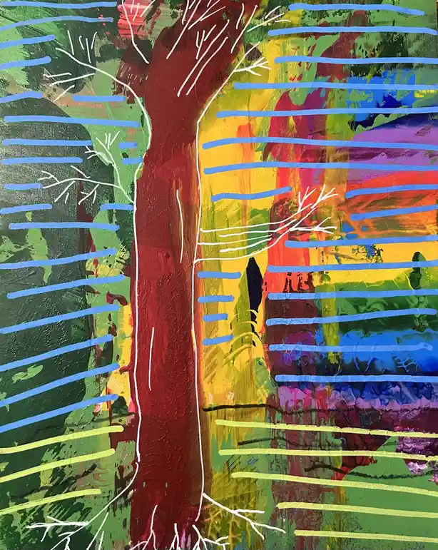 A colorful abstract painting depicts a stylized tree with a thick red trunk and white branches, overlaid with horizontal…