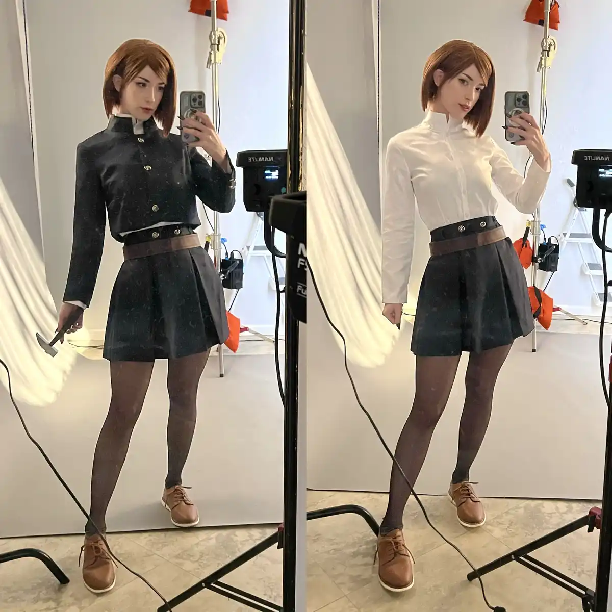 A split-screen image shows a cosplayer in a studio setting, taking mirror selfies. On the left, she wears a dark school…