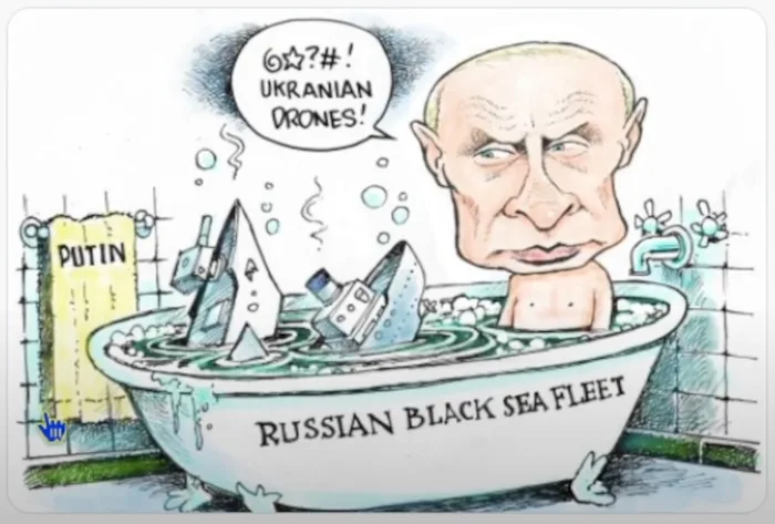 A cartoon depicts Vladimir Putin taking a bubble bath in a tub labeled 'RUSSIAN BLACK SEA FLEET', with several damaged…