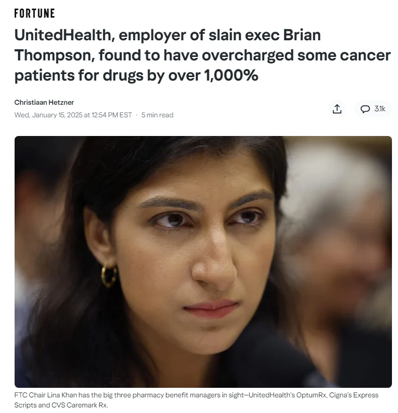 A screenshot of a Fortune article headline about UnitedHealth overcharging cancer patients, overlaid with a close-up photo…