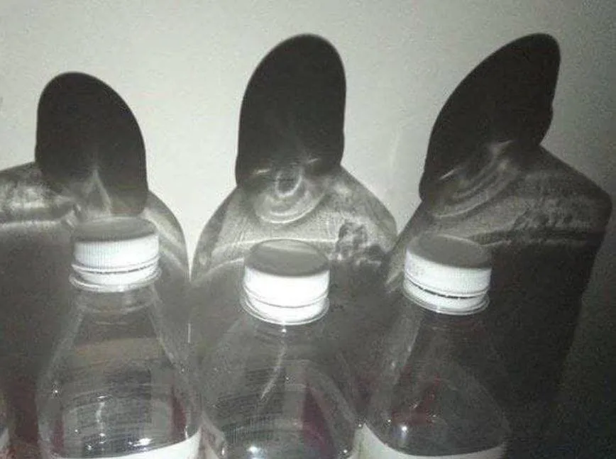 Three clear plastic water bottles with white caps are arranged side by side, their curved bodies and caps casting dark…
