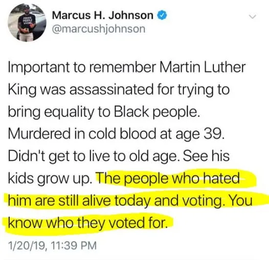 A screenshot of a tweet by Marcus H. Johnson, with the text highlighting the final sentence: 'The people who hated him are…
