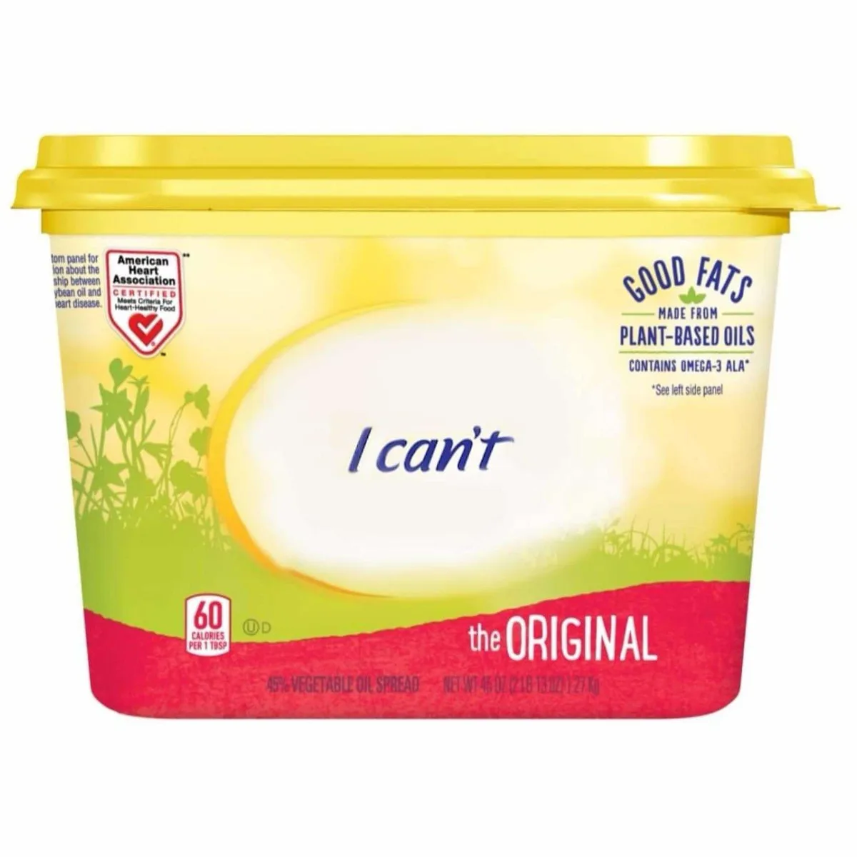 A container of 'the ORIGINAL' 45% vegetable oil spread, featuring a yellow lid and label with green and red accents. The…