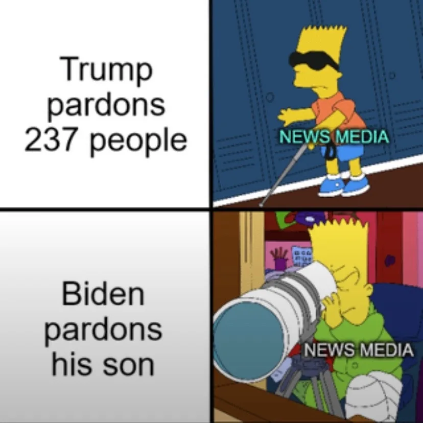 A four-panel meme featuring Bart Simpson. Top-left text says 'Trump pardons 237 people' while top-right shows Bart in…