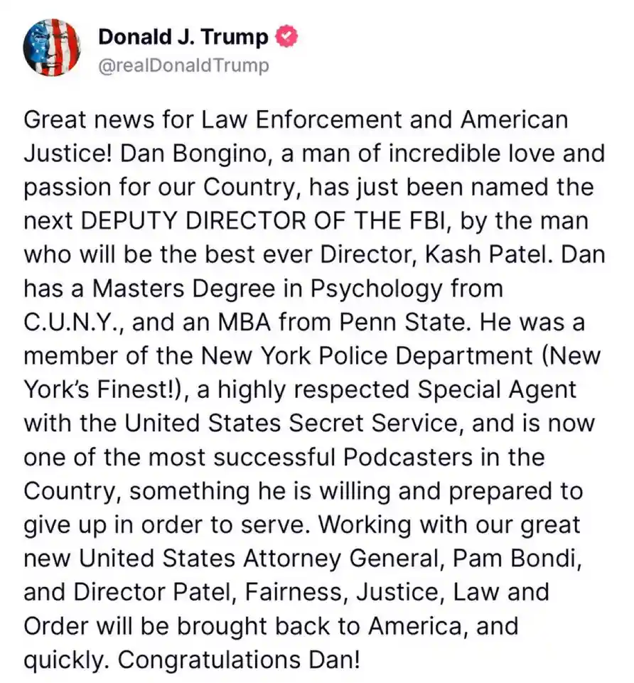 A screenshot of a tweet from Donald J. Trump's verified account, which falsely claims Dan Bongino has been appointed Deputy…