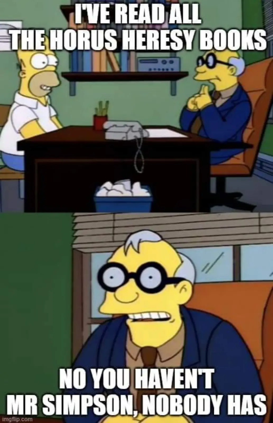 The image is a two-panel meme featuring Homer Simpson and a bespectacled older man, likely Mr. Burns. In the top panel…