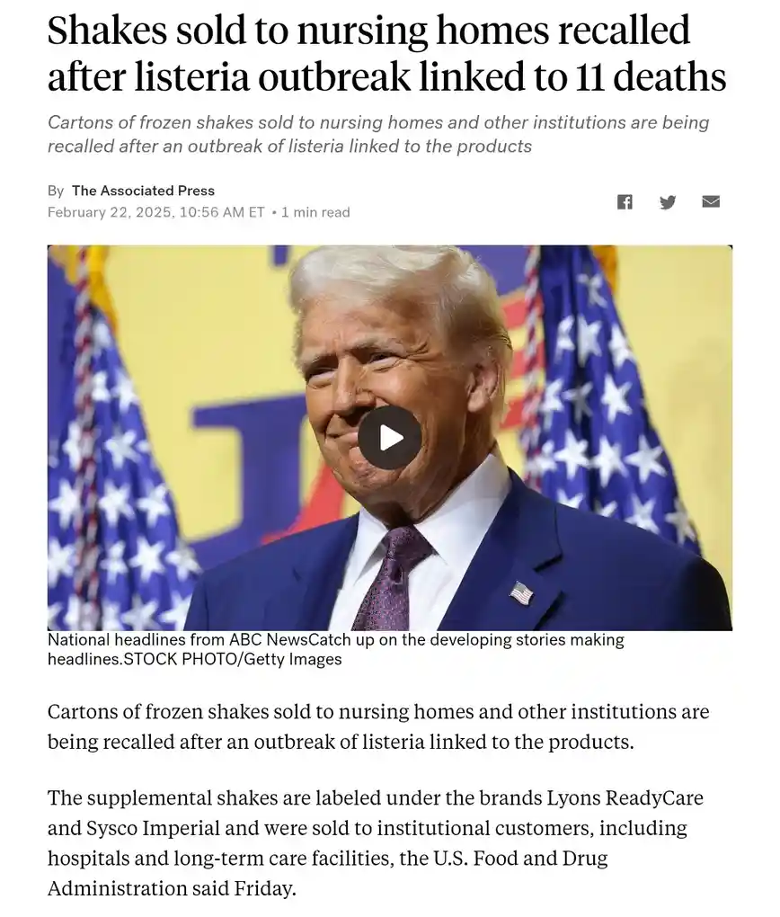 A news article screenshot shows a headline about frozen shakes being recalled due to a listeria outbreak causing 11 deaths…