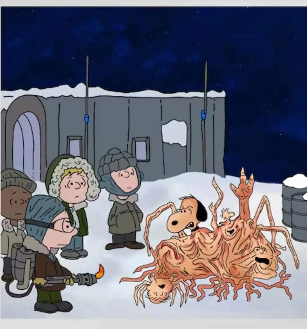 A cartoon scene depicts four children in winter gear standing in snow outside a building at night. One child holds a…