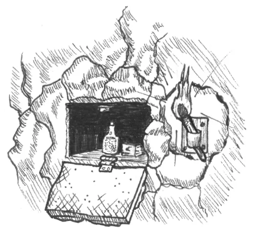 A black-and-white sketch depicts a rocky cave interior with a small wooden chest open, revealing a bottle of whiskey and a…