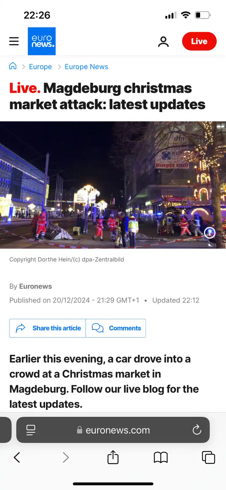 A screenshot of a EuroNews mobile article about a car attack at a Christmas market in Magdeburg, showing emergency…