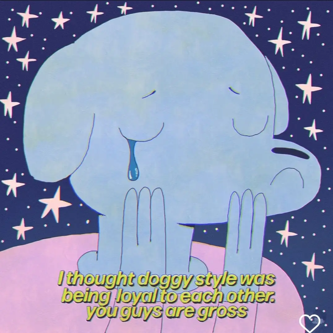 A cartoon blue dog with closed eyes and a single tear falling from its cheek, hands clasped in front of its chest against a…