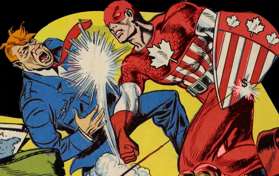 a comic book panel shows a superhero in a red suit with a maple leaf emblem and a shield decorated with maple leaves and…