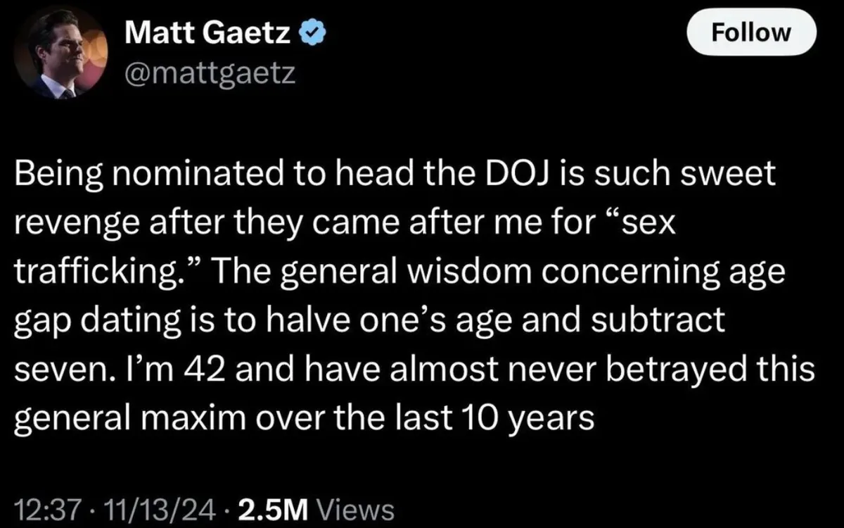 A screenshot of a tweet from verified user Matt Gaetz (@mattgaetz) showing his profile picture and a tweet that reads…