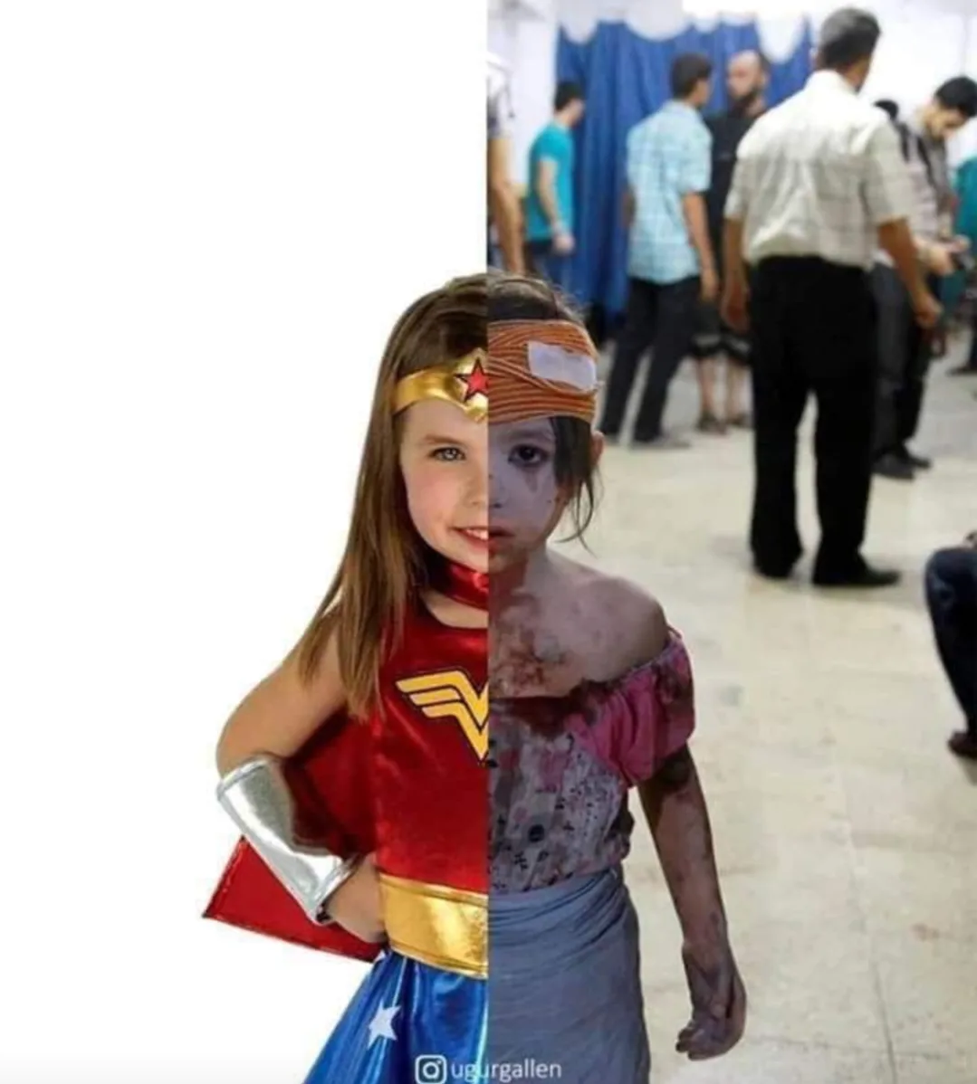 A split-image shows a young girl dressed as Wonder Woman on the left, with a clean, smiling face and costume, contrasted…