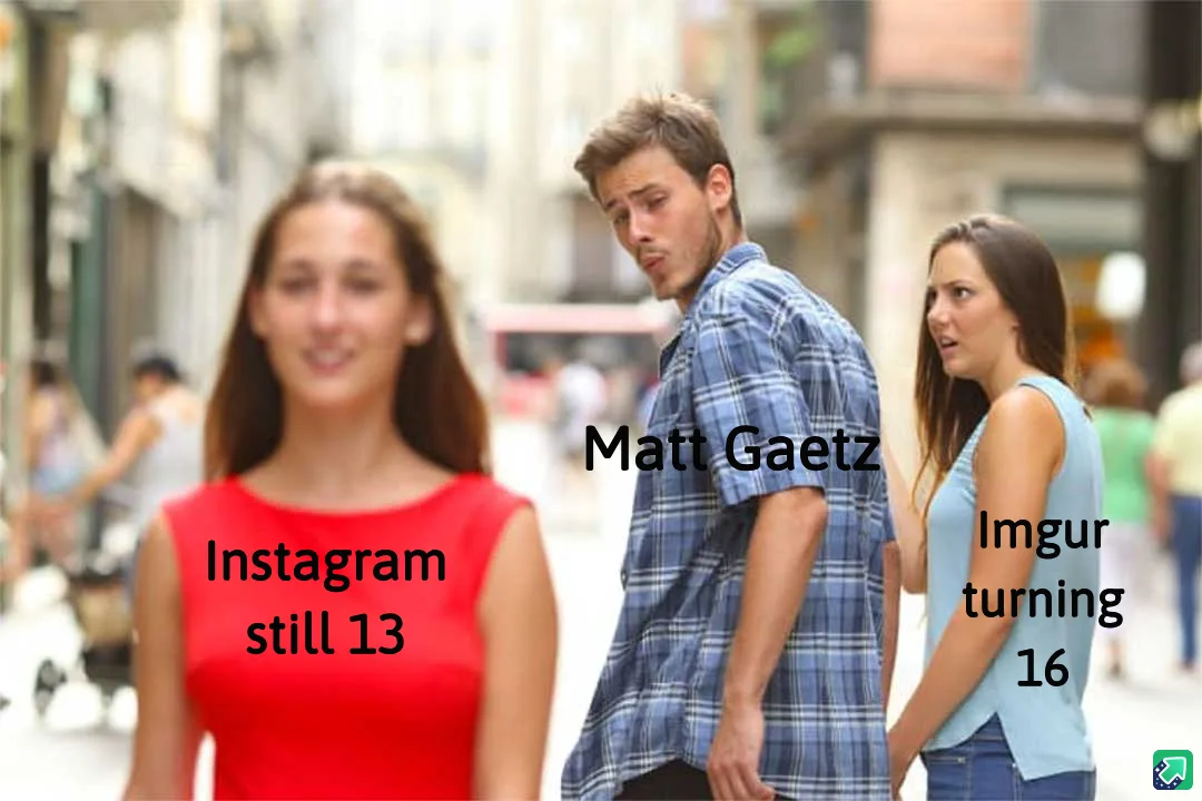 A man in a plaid shirt stands on a street, looking over his shoulder at a woman in a red top labeled 'Instagram still 13'…