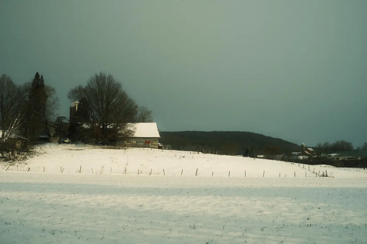 A snowy rural landscape with a barn, silo, and fence under a gray sky. Overlaid text reads 'i'm not lazy, i'm in…