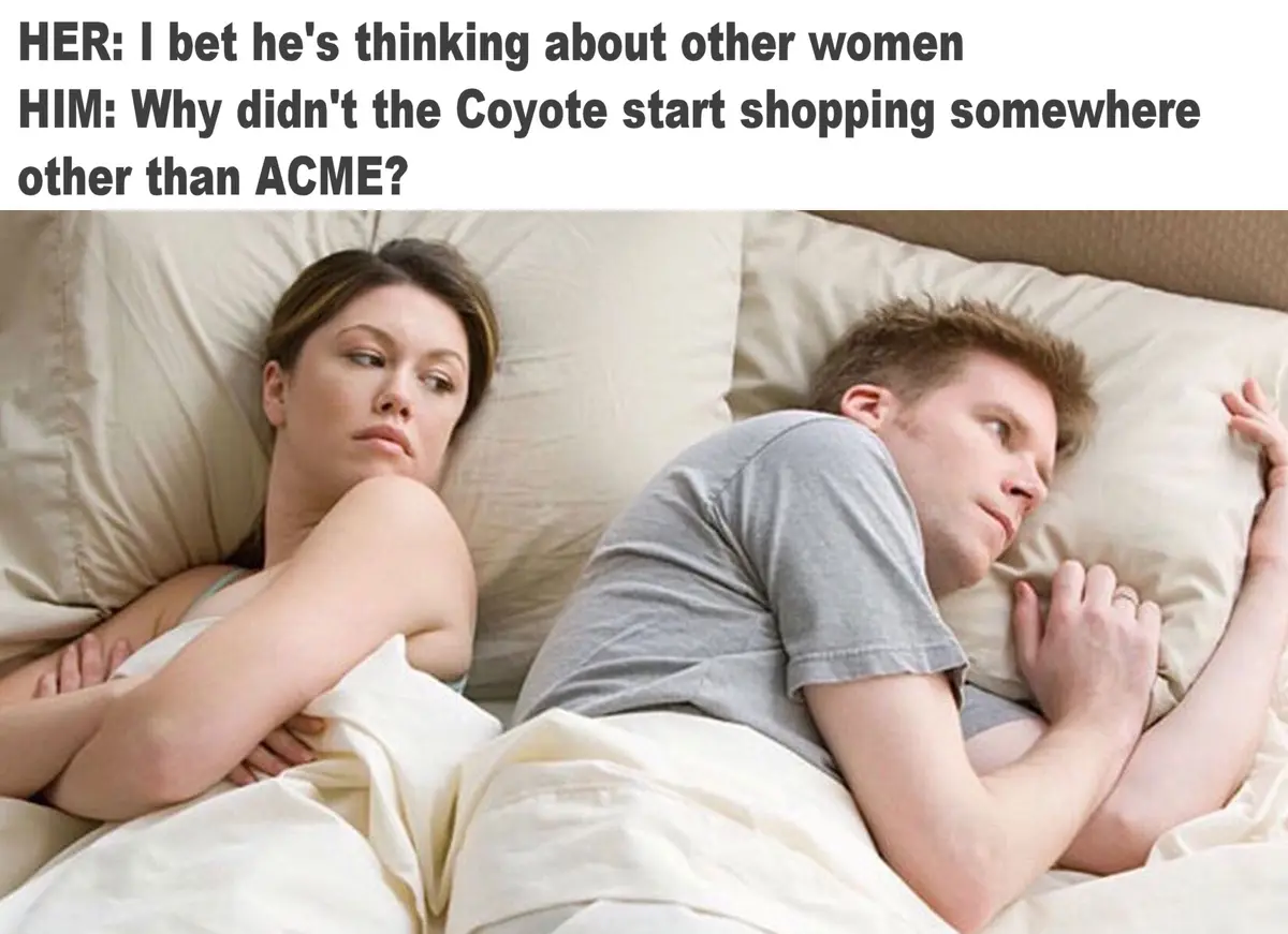A man and woman lie in bed, turned away from each other, appearing to be in a quarrel. The woman looks upset, while the man…