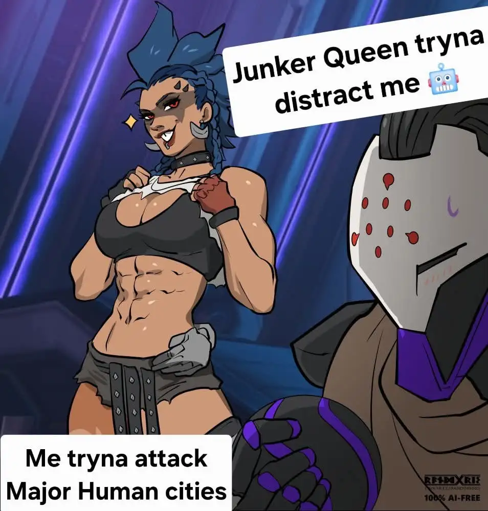 A muscular female character with blue hair and a revealing outfit stands confidently, while a masked male character with a…