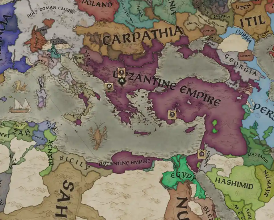 A fantasy-style map shows the Byzantine Empire in purple, with a large, stylized lobster drawn in the Mediterranean Sea…