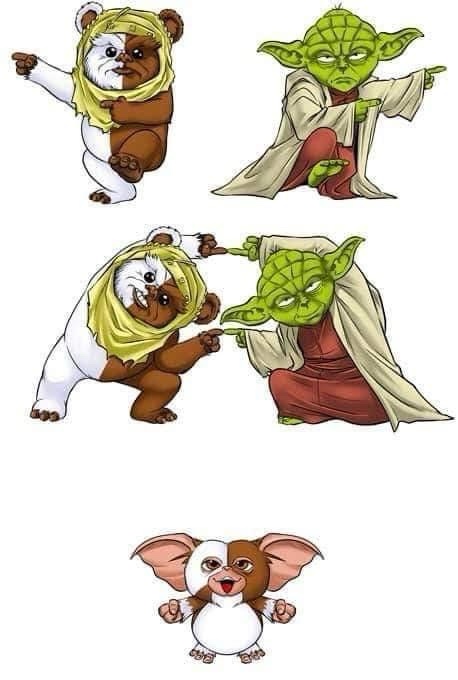 The image shows two cartoon characters, Yoda and a Ewok, in two panels. In the top panel, Yoda points at the Ewok. In the…