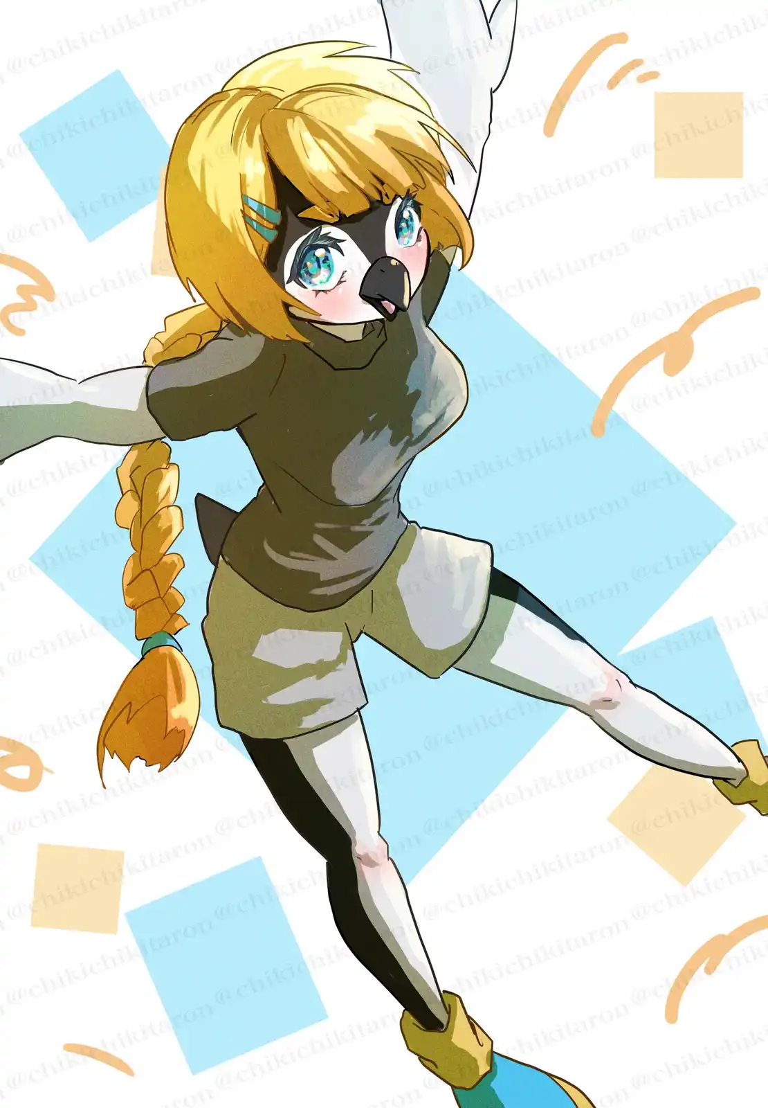 An anime-style illustration of a young woman with blonde hair in a braid, bird-like features including a beak and dark…