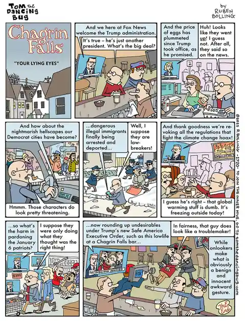 A six-panel comic strip by Ruben Bolling titled 'Chagrin Falls' shows a man watching Fox News and progressively…