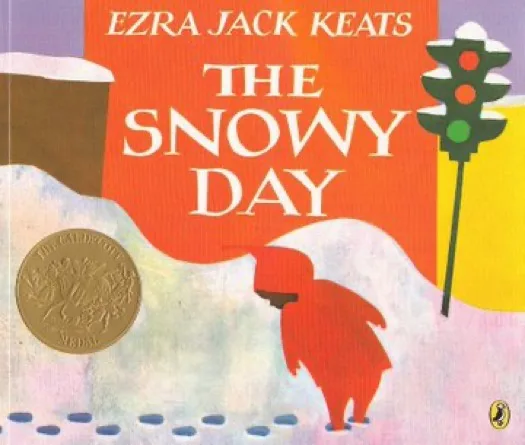 The cover of the children's book 'The Snowy Day' by Ezra Jack Keats shows a red silhouette of a child walking through snow…