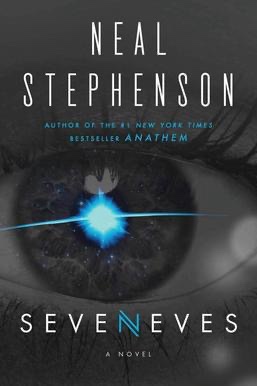 The image is the cover of Neal Stephenson's novel 'Seven Eves,' featuring a close-up of a human eye with a glowing blue…