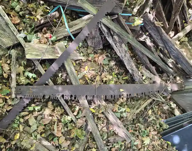 A pile of weathered wooden planks and debris covered in fallen autumn leaves, with a large rusty metal saw blade lying…
