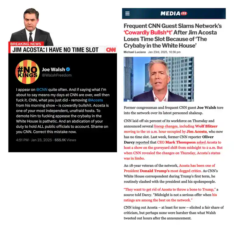 The image displays a split-screen: on the left, a CNN 'BREAKING NEWS' graphic overlays a tweet from Joe Walsh criticizing…