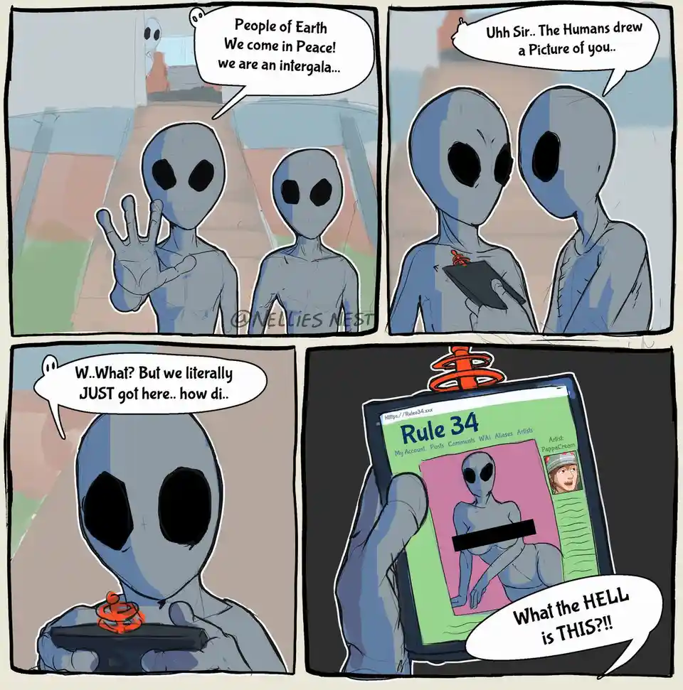 A four-panel comic shows grey aliens landing on Earth, introducing themselves peacefully, then being shocked to see a…