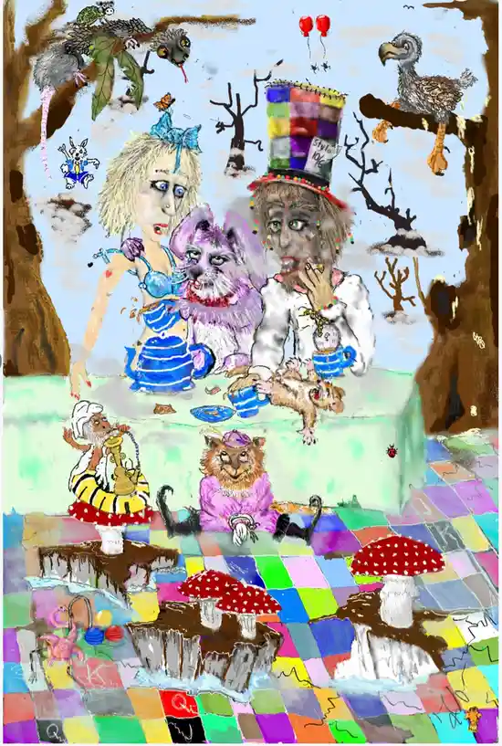A surreal, colorful drawing depicts a chaotic tea party with anthropomorphic animals and humans, including a woman with a…