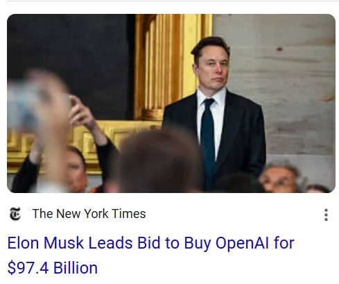 A screenshot of a New York Times article headline about Elon Musk leading a $97.4 billion bid to buy OpenAI, overlaid on an…