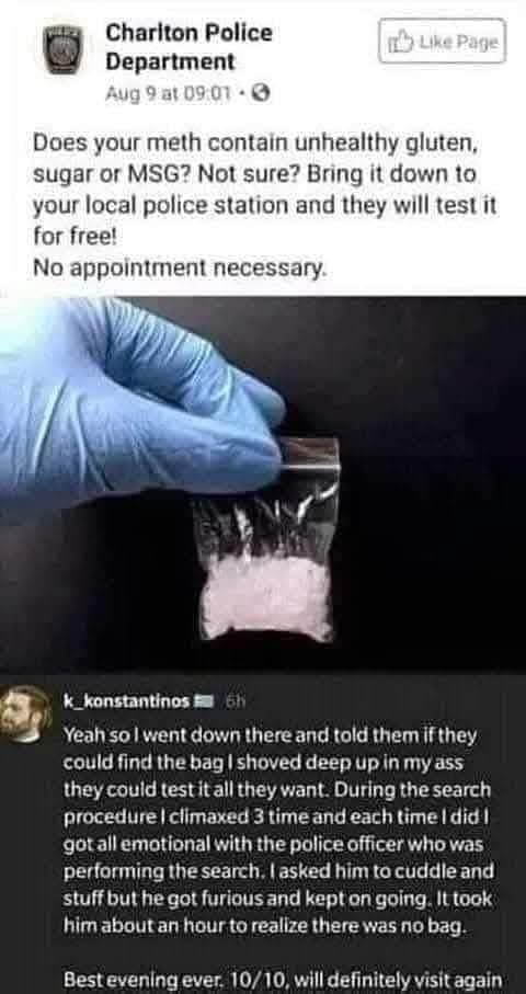 A screenshot of a Facebook post from the Charlton Police Department advertising free testing of meth for gluten, sugar, or…