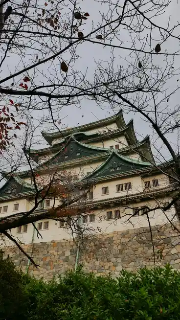 A low-angle photograph shows a traditional Japanese castle with green-tiled roofs and cream-colored walls, framed by bare…