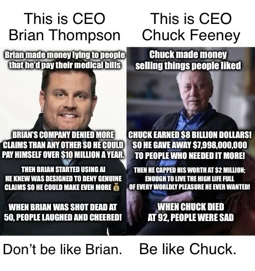 The image is a split-screen meme comparing two CEOs. The left side shows Brian Thompson with text detailing his unethical…