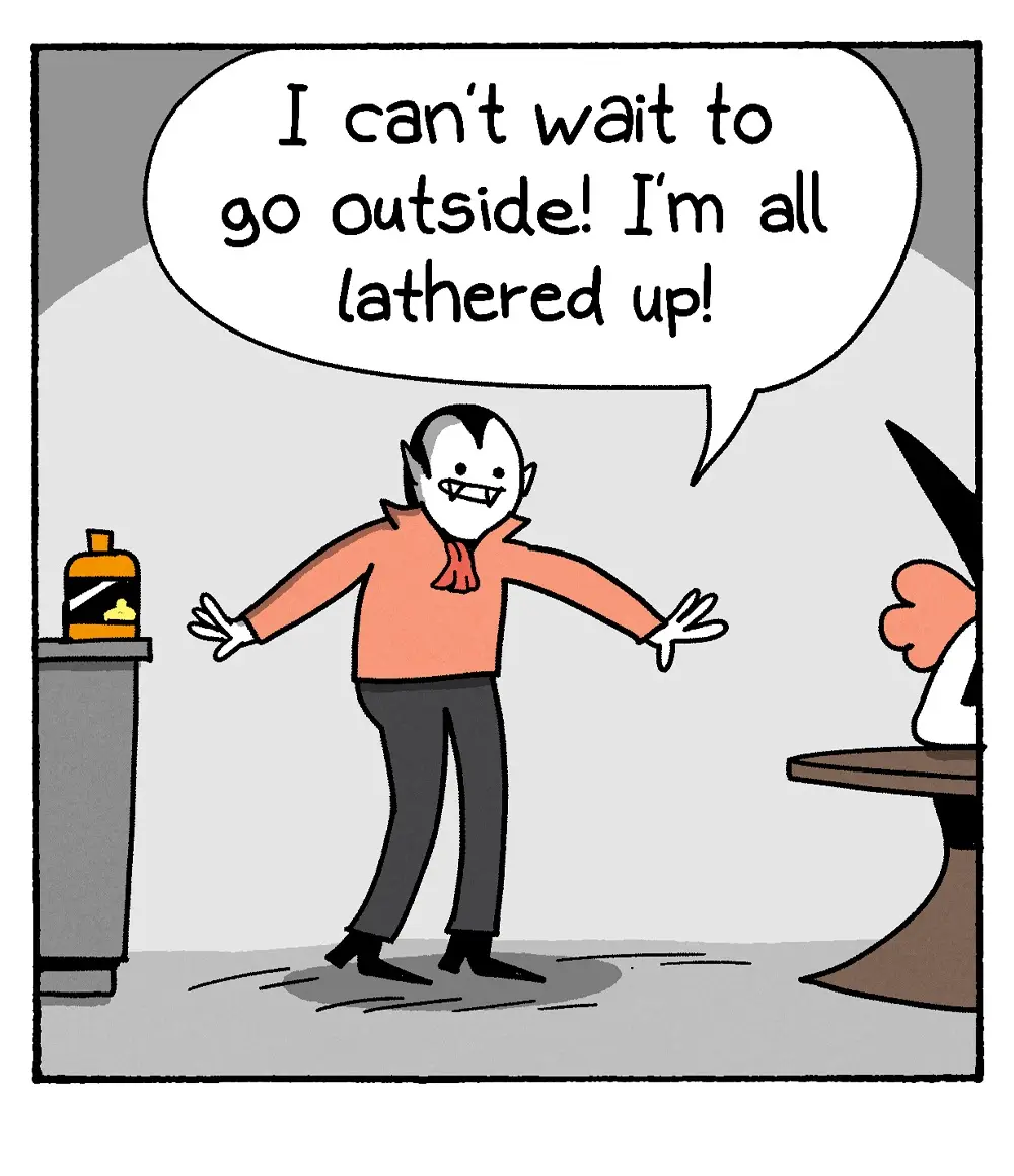 A cartoon vampire with fangs and a red scarf stands with arms outstretched, exclaiming in a speech bubble that reads 'I…