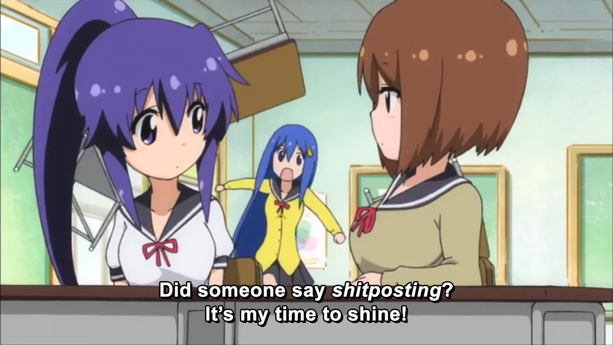 An anime scene featuring three schoolgirls in a classroom. The girl with purple hair in the foreground looks confident and…
