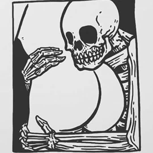A black-and-white illustration shows a skeletal figure with a round belly, holding a bundle of sticks at the bottom and…