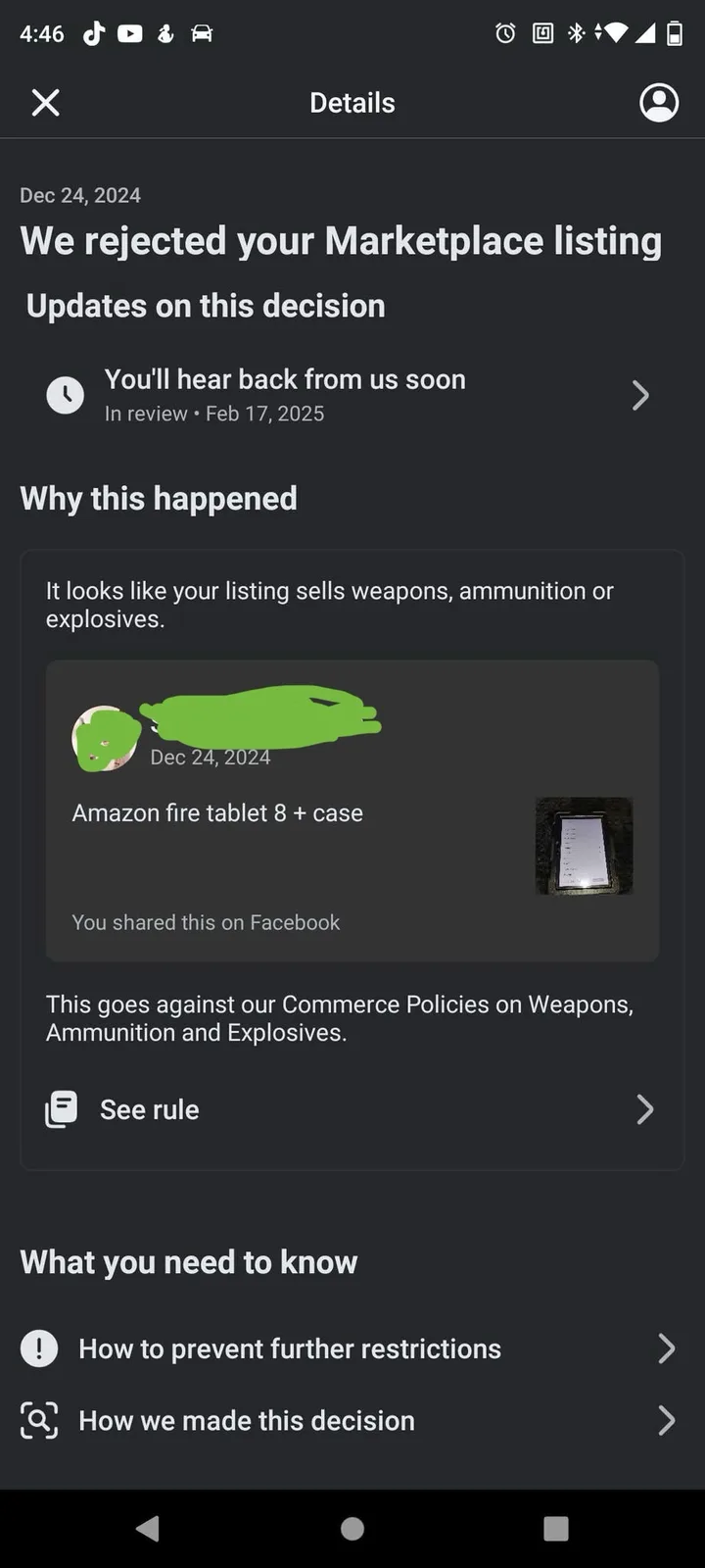 A screenshot of an Amazon Marketplace rejection notice, dated Dec 24, 2024, stating a listing for an 'Amazon fire tablet 8 +…