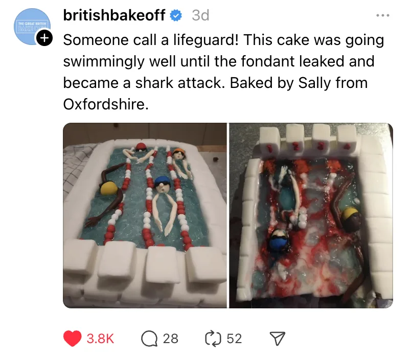A split-image meme shows a swimming pool cake before and after. The left image displays a pristine cake with fondant…