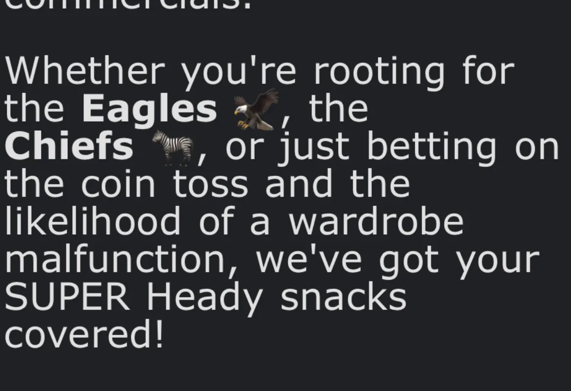 The image displays white text on a dark background, listing sports team fandoms (Eagles and Chiefs) alongside absurdly…