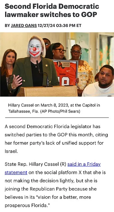 A news article screenshot shows a photo of Hillary Cassel, a Florida state representative, standing at a podium with a clown…