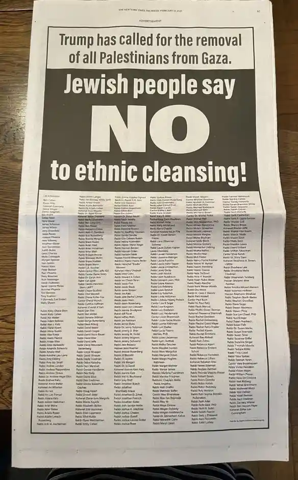 A newspaper advertisement parody shows a large 'I' formed by a dense grid of names, mostly labeled 'Rabbi' followed by…