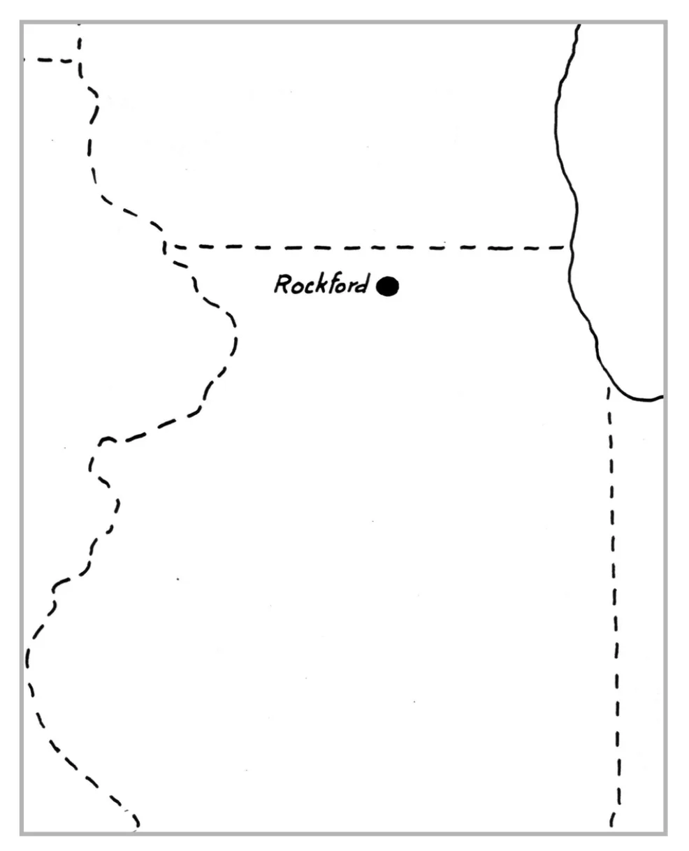A minimalist, hand-drawn map shows a single black dot labeled 'Rockford' located near the center of a roughly outlined area…
