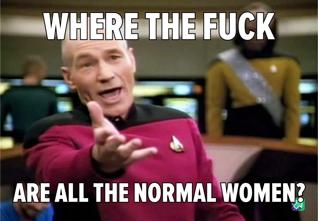 A man in a red Starfleet uniform from Star Trek: The Next Generation points forward with an exasperated expression. The…