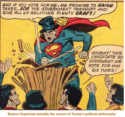 A comic book panel shows a villainous-looking Superman in a blue suit with a red cape and 'S' shield, shouting a corrupt…
