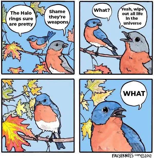 A four-panel comic strip featuring cartoon birds on tree branches with autumn leaves. In the first panel, one bird says 'The…